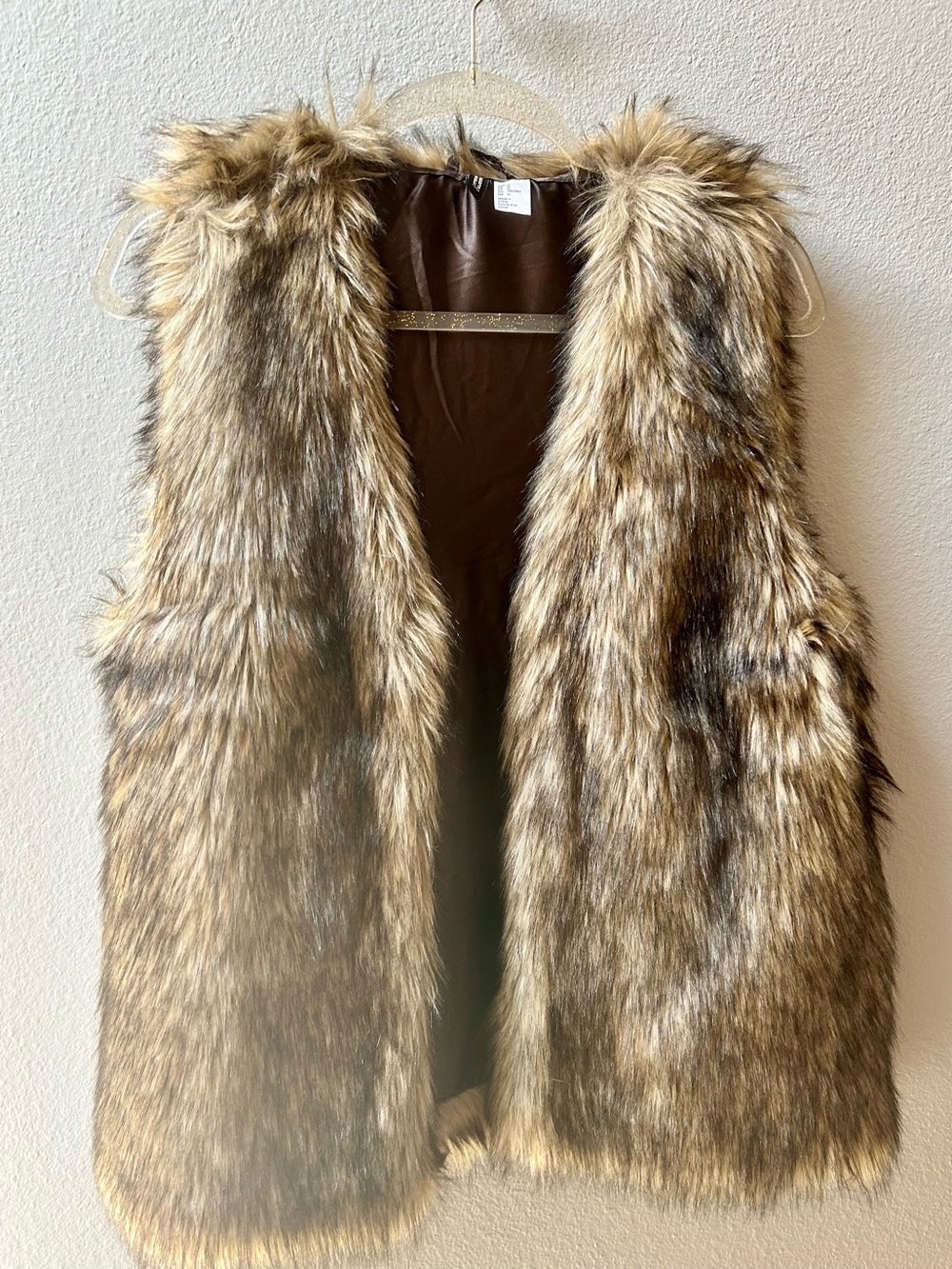 H&M Faux Fur Vest Brown Tan Open Front Sleeveless Coat Size M